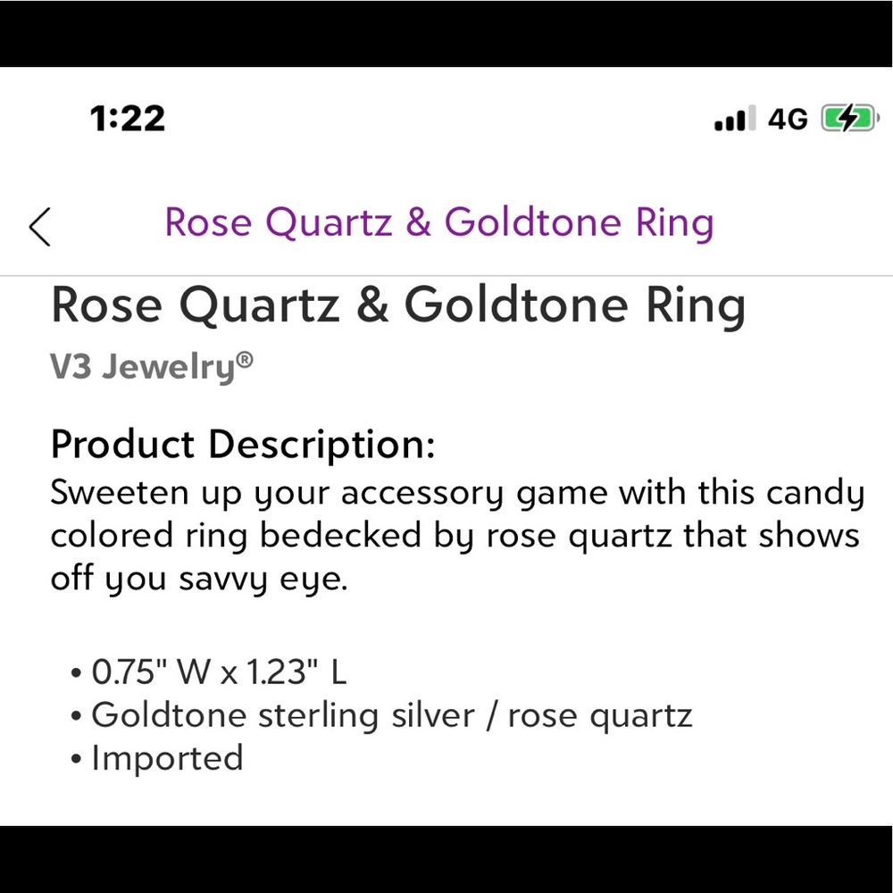 NWT Rose Quartz & Goldtone ring Size 6 - Picture 4 of 4